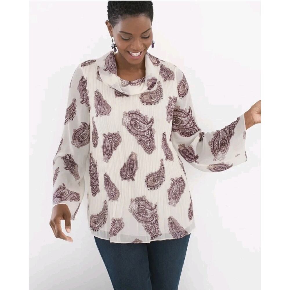 Chicos Pleated Paisley Cowl Neck Top Blouse Woven Pattern Ecru 0 ( US 4/6 S)